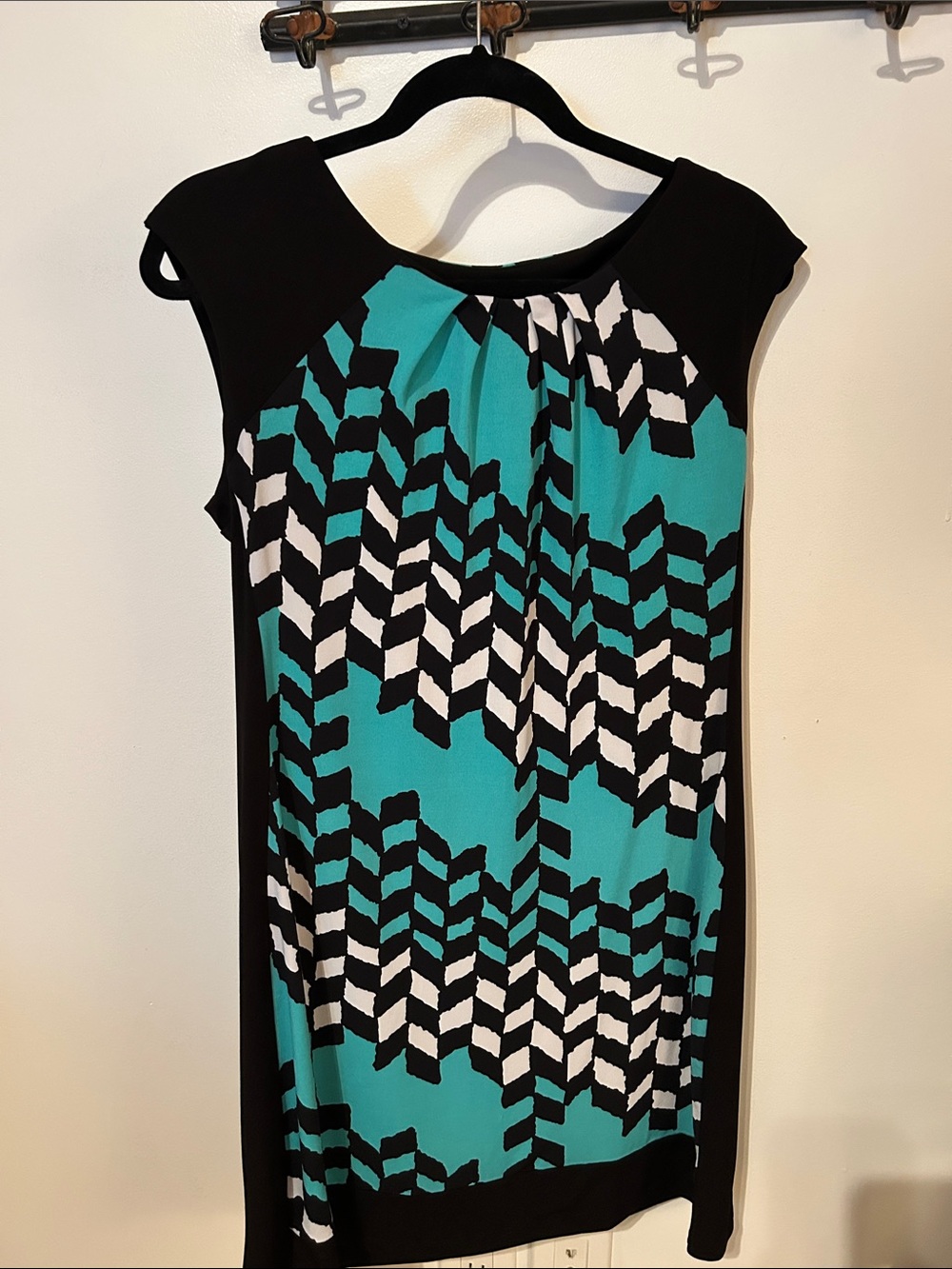 London Times Teal, Black & White Chevron Shift Dress